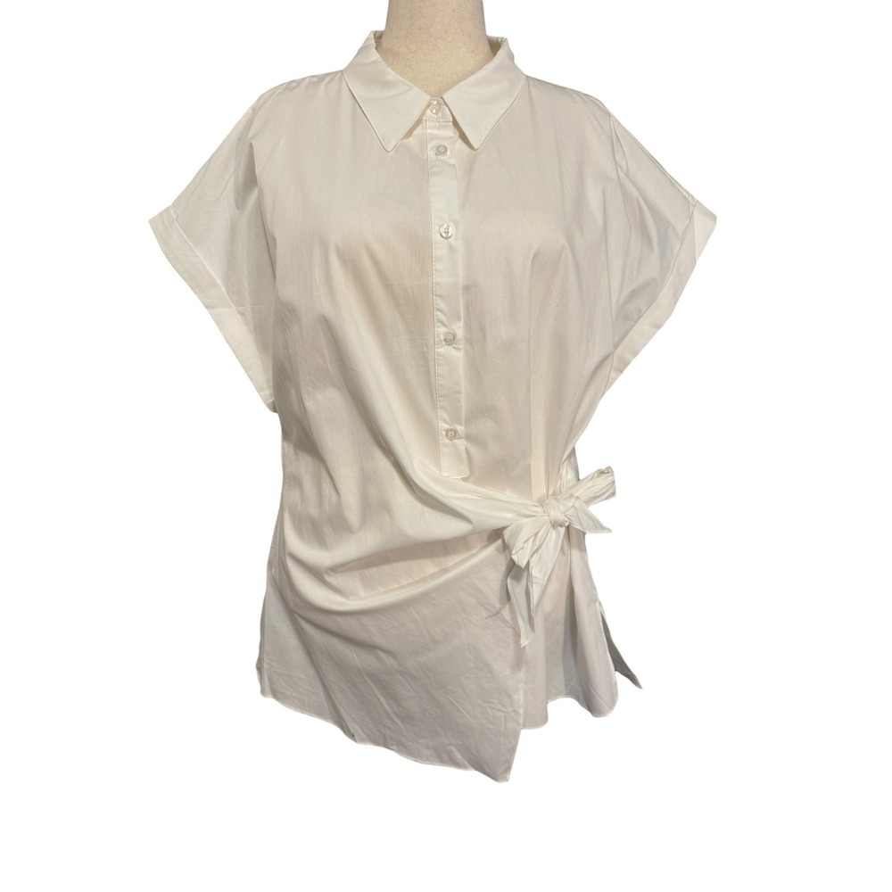 Cider White Cotton Side Tie Knot Button Up Shirt Short Sleeve Plus Size 4XL